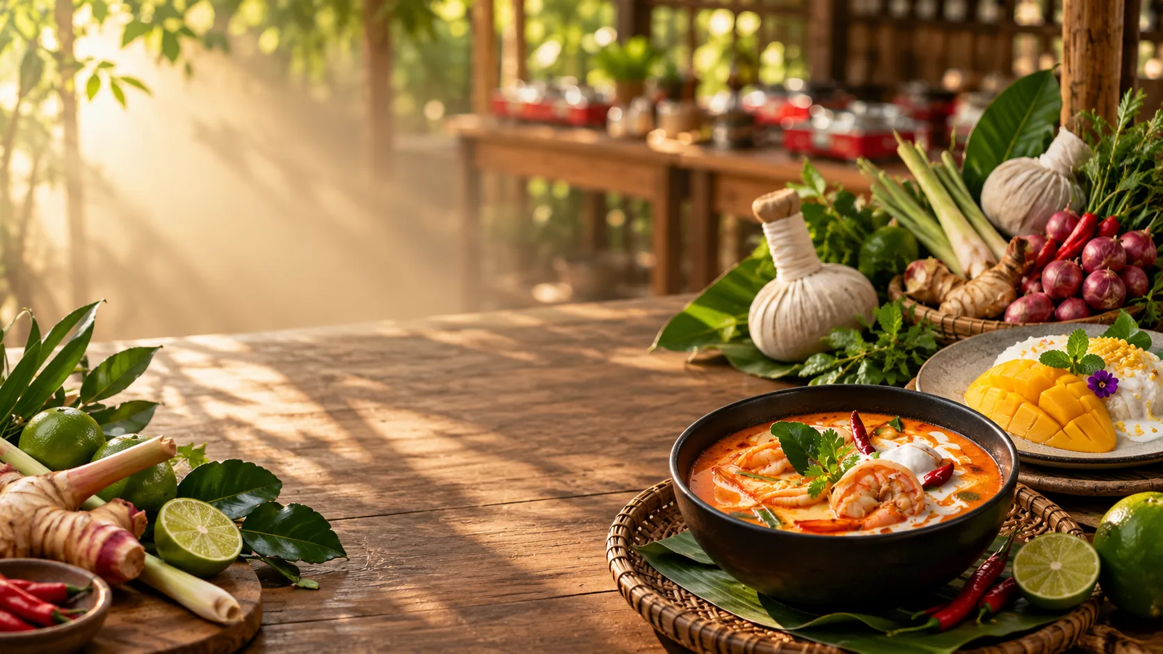 Thai curry and mango sticky rice on a rustic dining table in warm natural light
